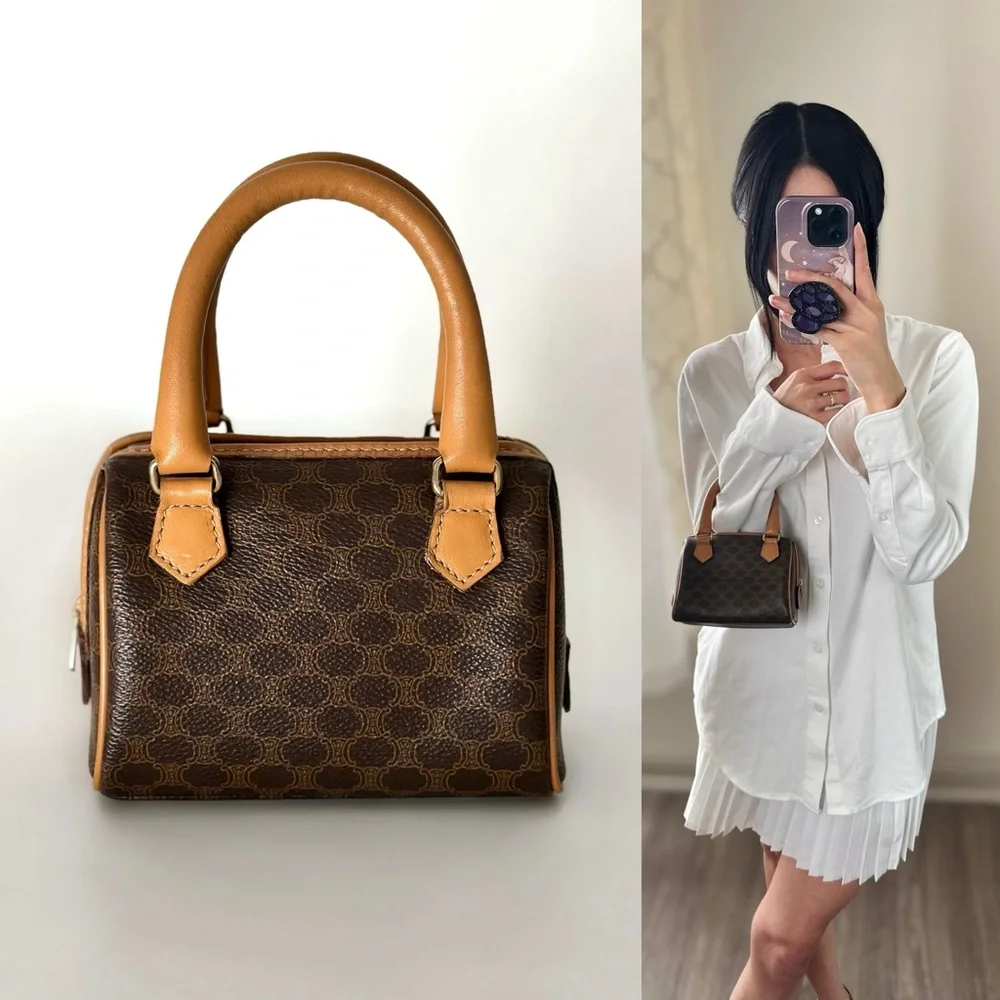 ✨CELINE Vintage Macadam Triomphe Canvas Leather Micro Mini Boston Handbag Brown - Picture 1 of 17